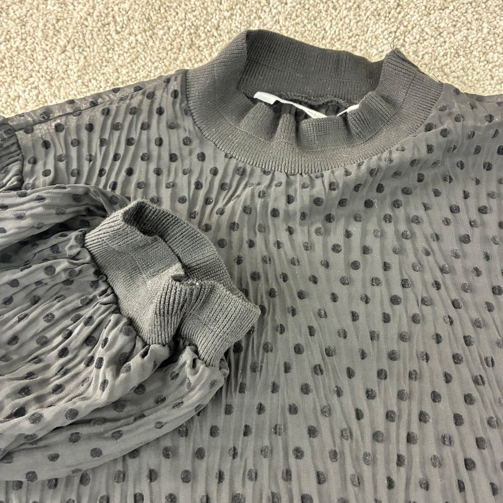 Zara Polka Dot Mock Neck Top Balloon Sleeve Sheer Blouse Black Size S Career‎